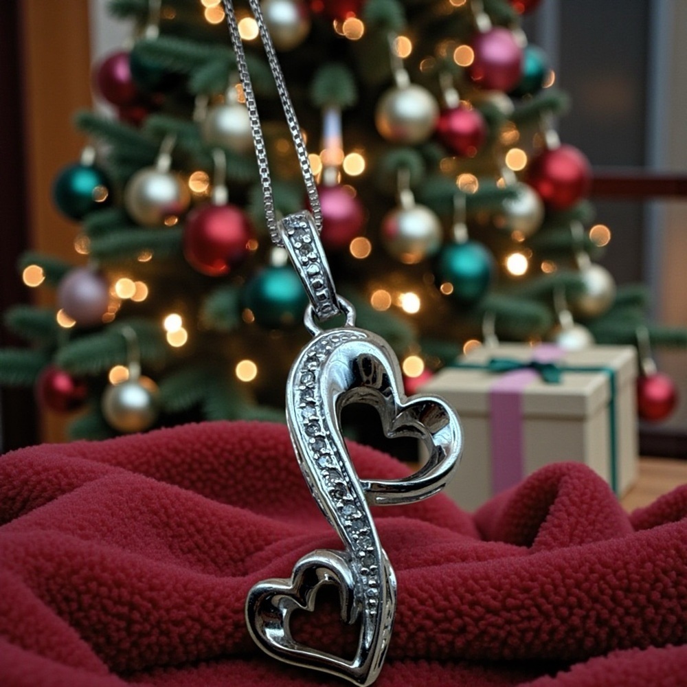 925 stamped 33 diamond accents Silver double open Heart Pendant Necklace